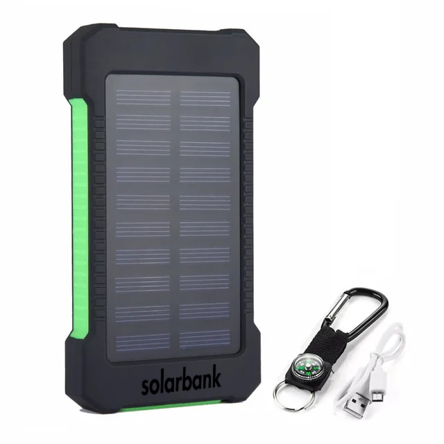 "20000mAh solar power bank with built-in light, weather-resistant, sleek design, ideal for travel and outdoor activities."