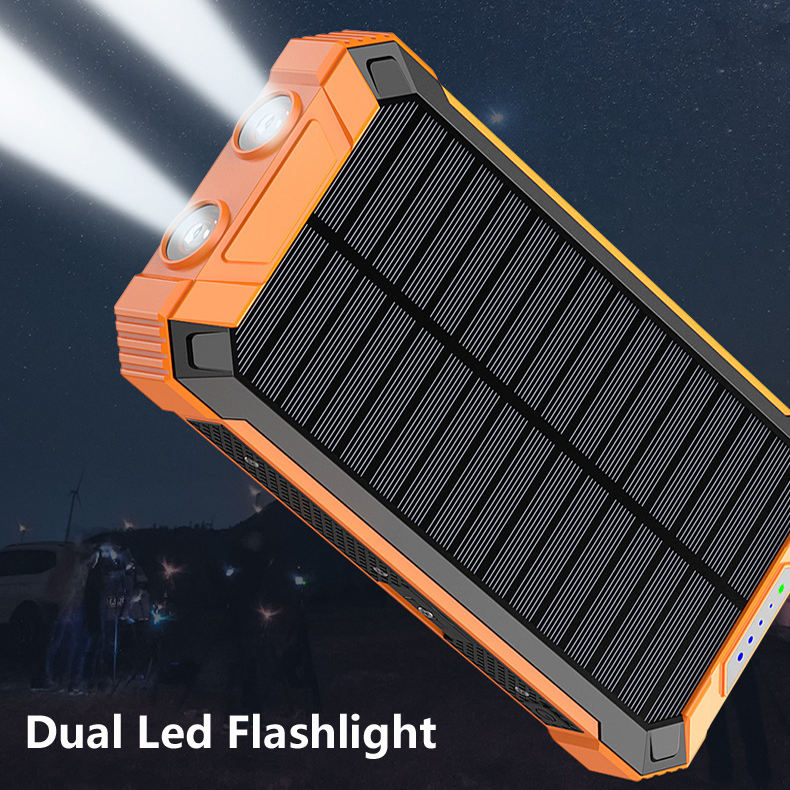 "20000mAh solar power bank with built-in light, weather-resistant, sleek design, ideal for travel and outdoor activities."
