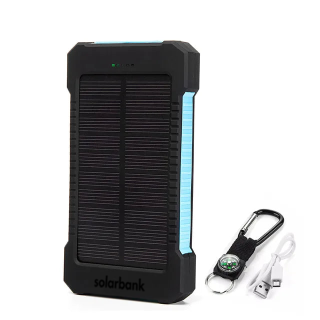 "20000mAh solar power bank with built-in light, weather-resistant, sleek design, ideal for travel and outdoor activities."