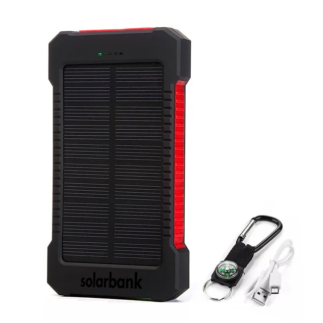 "20000mAh solar power bank with built-in light, weather-resistant, sleek design, ideal for travel and outdoor activities."