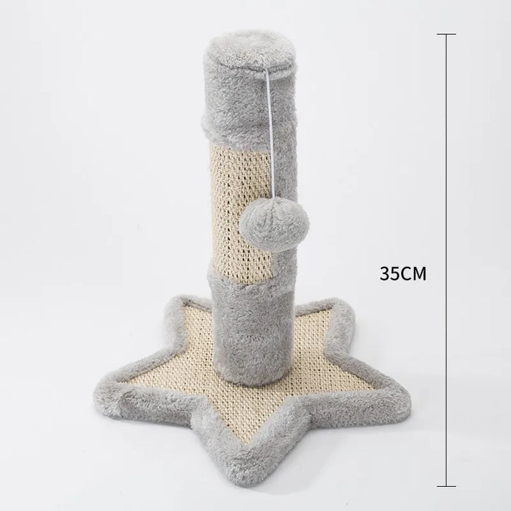 Compact cat accessory: sisal scratching post with interactive toy & cute heart/star designs.