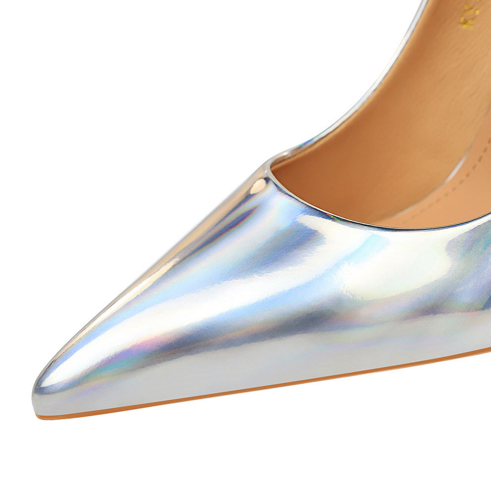 Classic red pointed toe slip-on pumps with a slim high heel, perfect for parties.