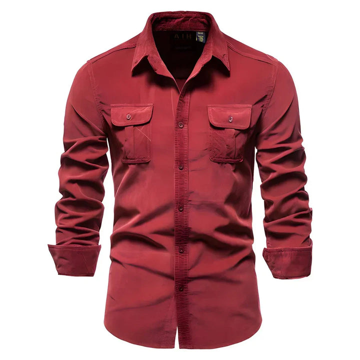 Tailored fit men's button-down shirt with long sleeves, great for all-season smart casual and everyday wear.