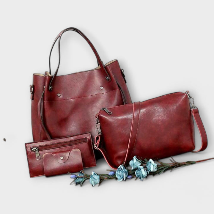 Elegant black vintage style women's 4 piece bag set. Handbag, shoulder bag, clutch, wallet.