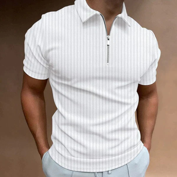 Breathable men's muscle fit polo with zipper, a stylish short sleeve top for summer fashion.
