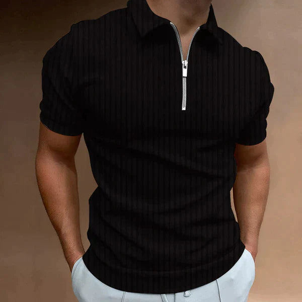 Modern men's short sleeve muscle fit zipper polo, versatile for everyday casual fashion.