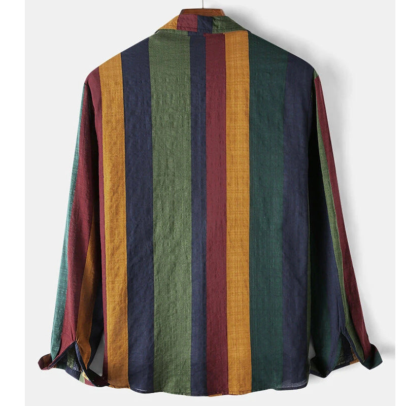 Close-up of men's green striped long-sleeve button-down shirt. Modern fit, versatile for casual wear.