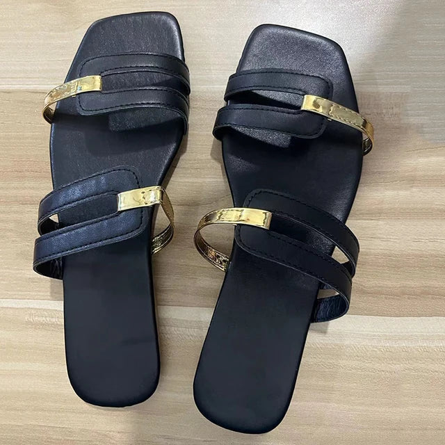 Versatile women's flat slide sandals, ideal everyday casual footwear with chic gold double straps.