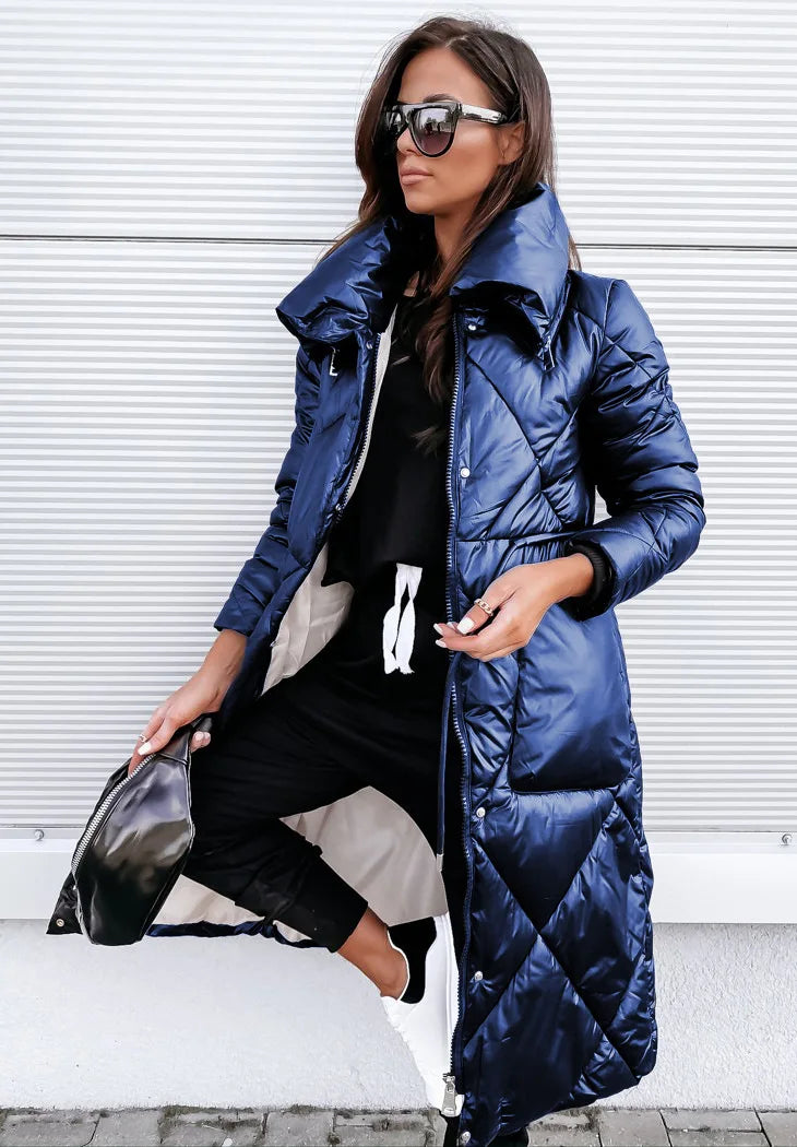Warm women's quilted parka jacket, a stylish winter coat. Long-sleeve casual outerwear for cold weather fashion.