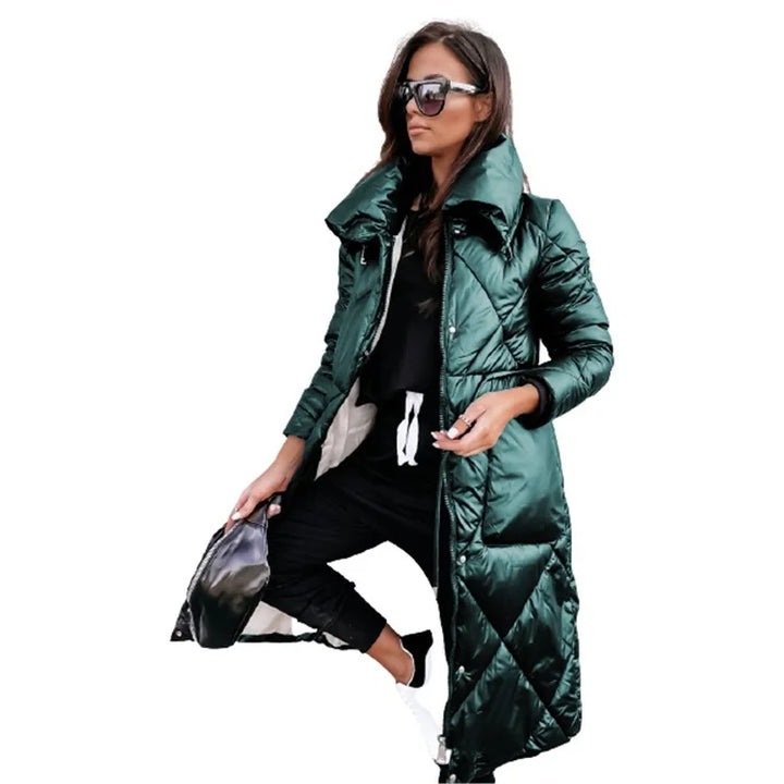Cozy women's warm quilted parka jacket. Ideal winter coat for cold weather. Stylish and comfortable outerwear.