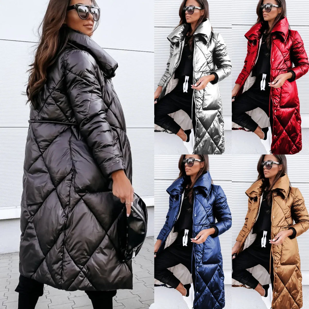 Women's warm quilted parka jacket, perfect for cold weather. Stylish winter coat with long sleeves.