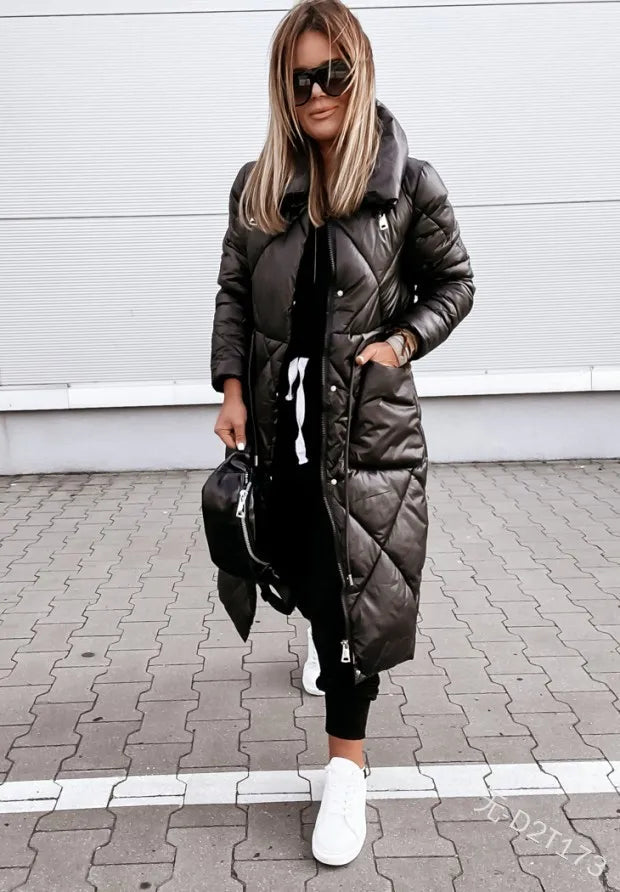 Women's stylish quilted parka jacket. Warm long-sleeve outerwear for cold weather. Essential winter coat.