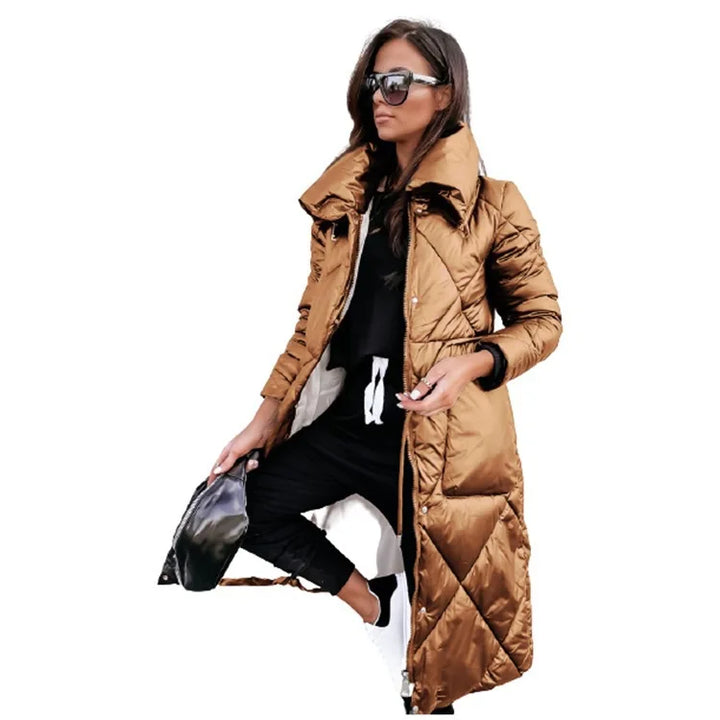 Quilted women's parka jacket. Warm winter coat for cold weather. Fashionable long-sleeve outerwear.