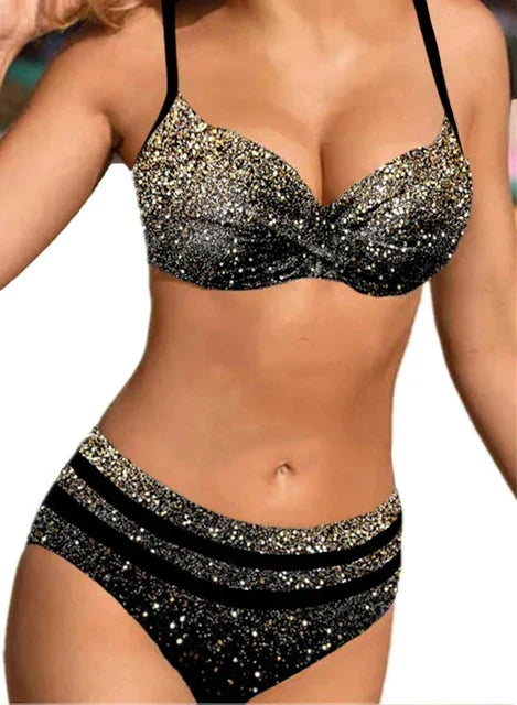 Stylish women's two-piece printed bikini, offering a comfortable fit for trendy swimwear & beach fashion.