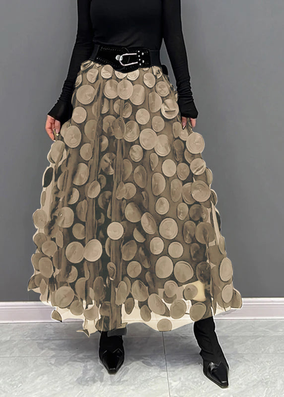 Unique design of women's chic polka dot patchwork long skirt, combining elegance and playfulness.