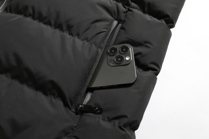 Back view of a thermal unisex heated jacket, designed for maximum warmth & comfortable winter wear.