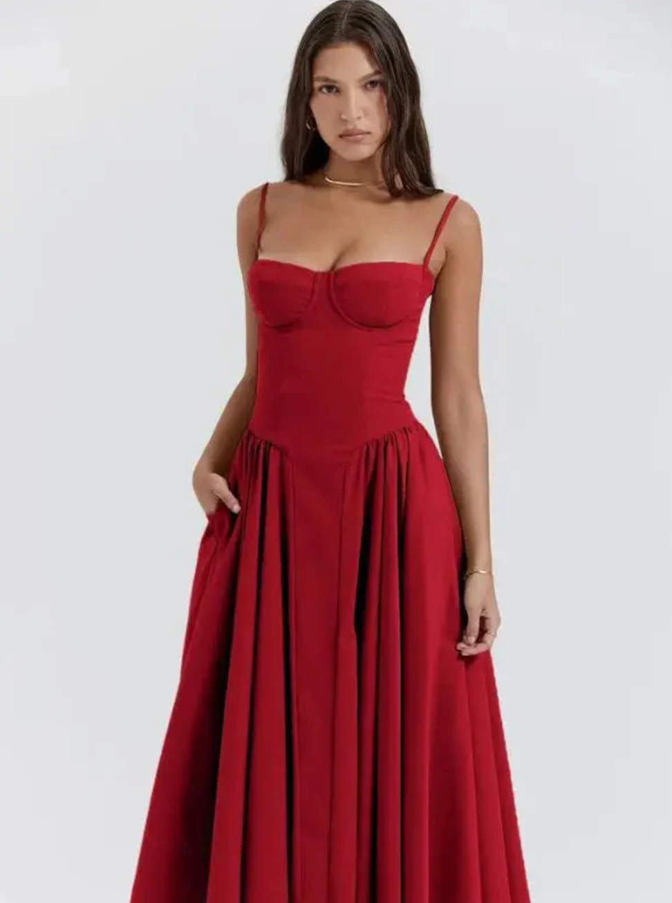 Comfortable V-neck summer midi dress for women. Solid color, flowy fabric, great for relaxed style.