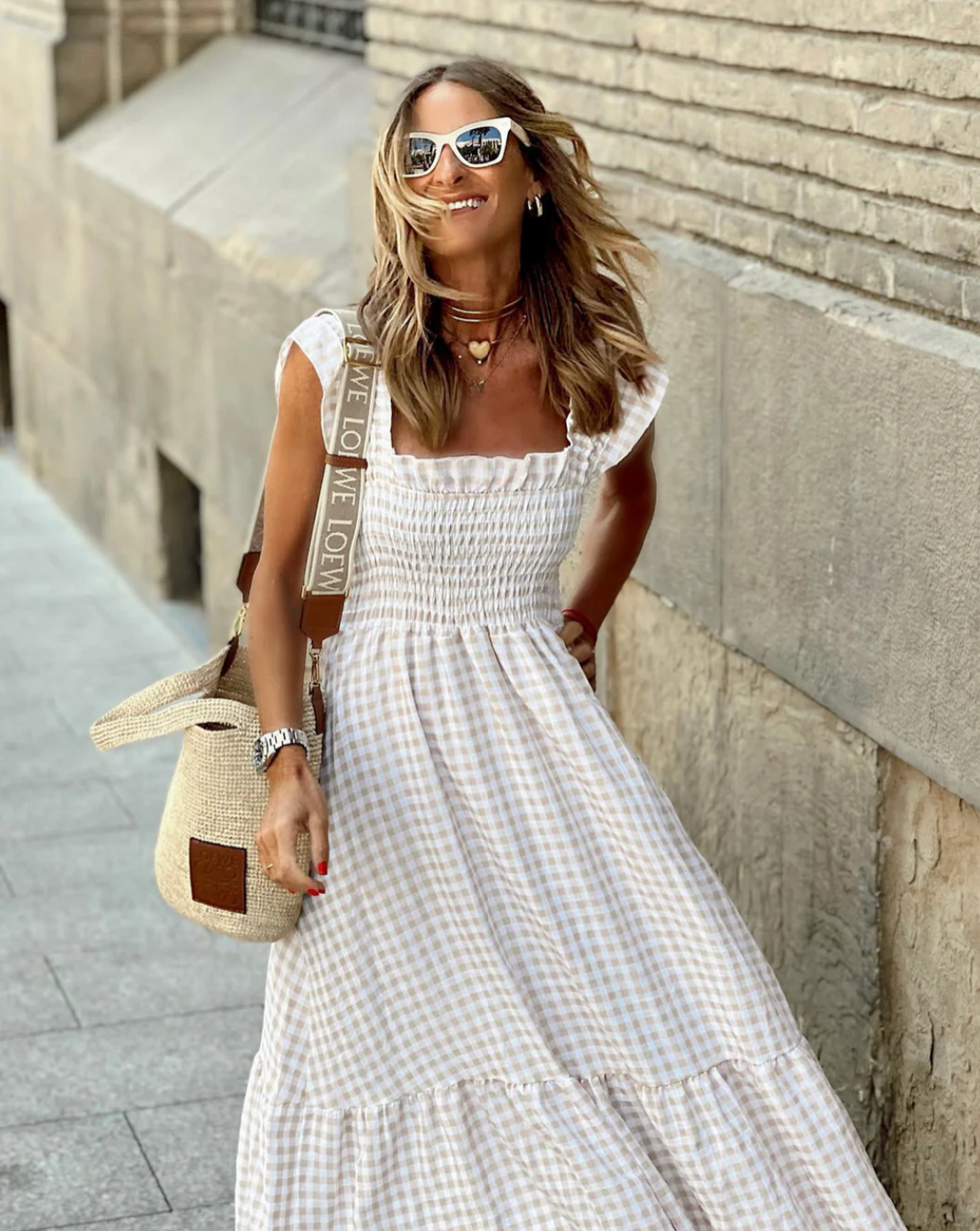 Blue smocked maxi dress, elegant & flowy for women. Perfect casual or dressy summer outfit.