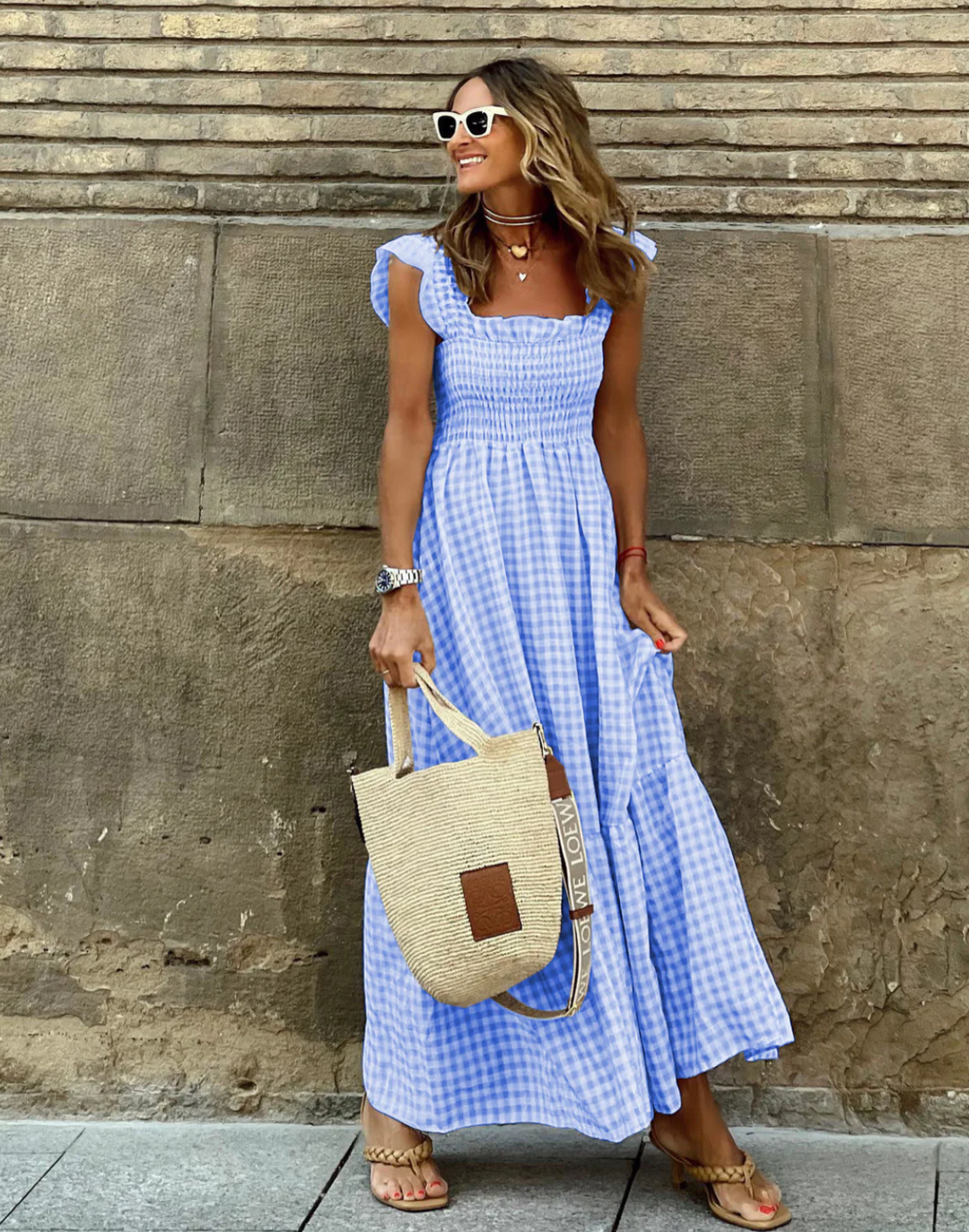 Flowy women's smocked maxi dress, ideal summer dress or beach wear. Comfortable & stylish fashion.