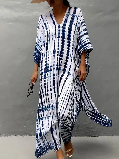 Patterned women's caftan maxi dress, excellent for beach trips, vacations & summer elegance.