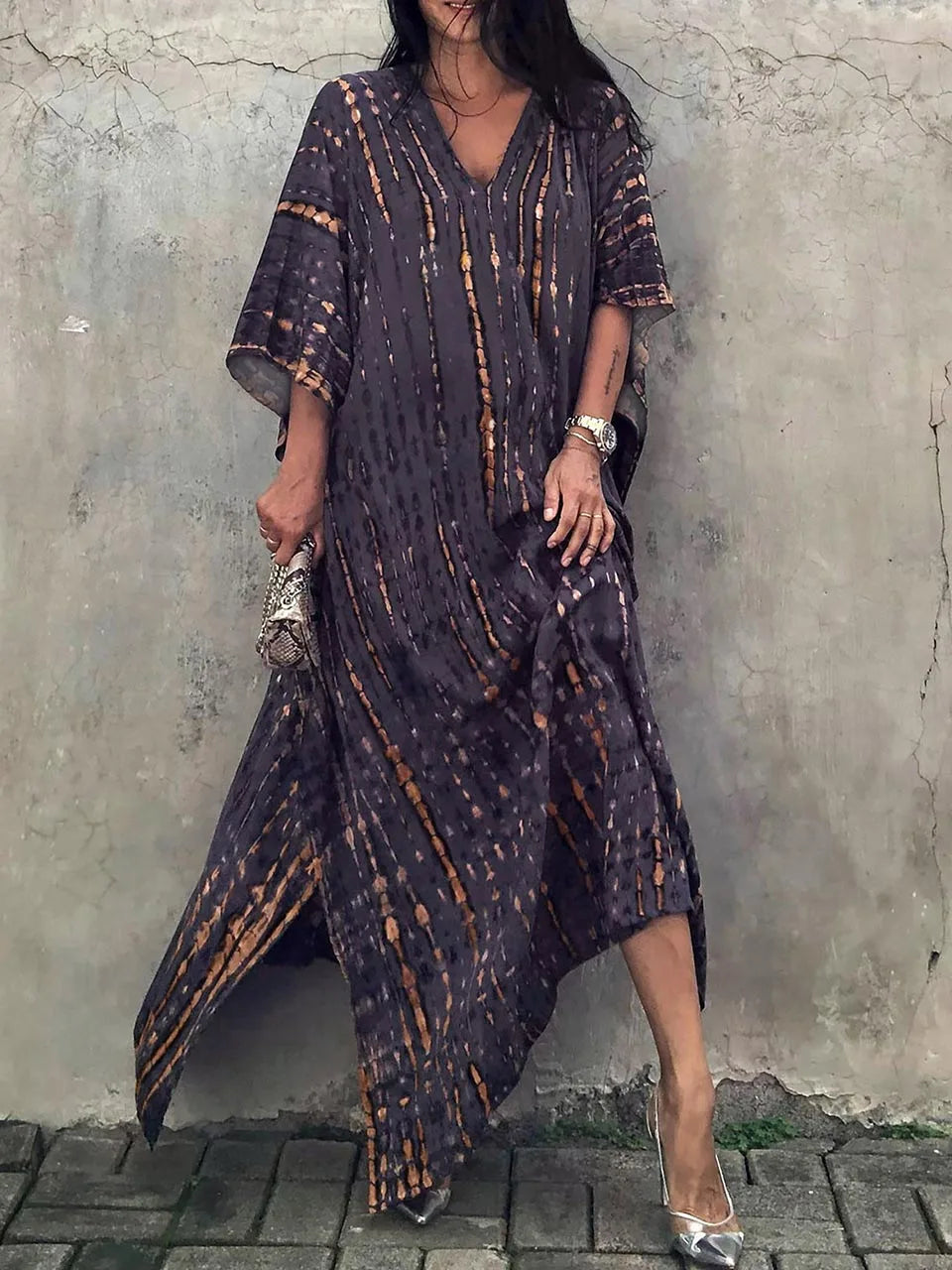 Effortless women's flowy caftan maxi dress for chic summer resort, beach & vacation style.