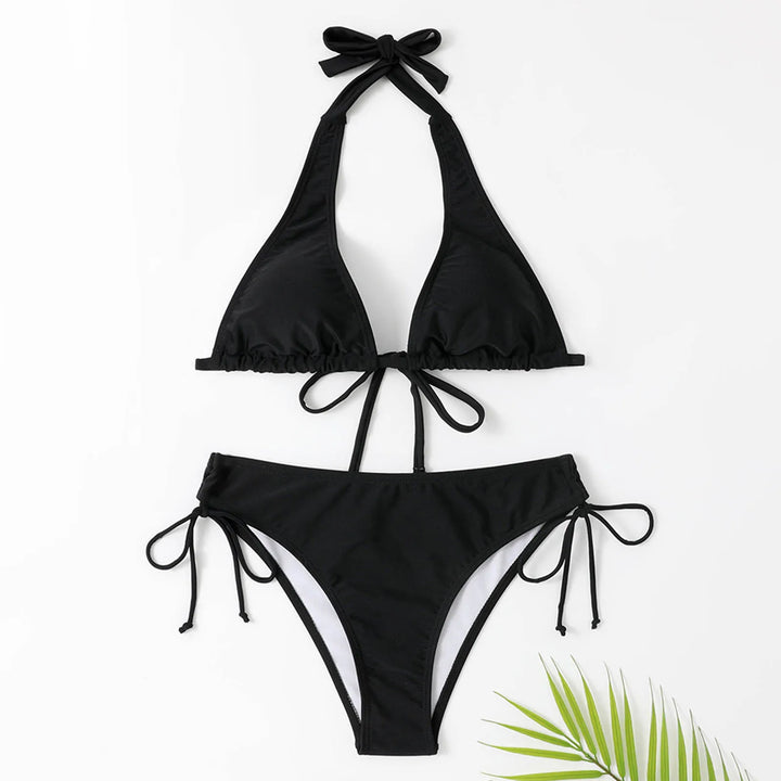 Hot Pink Women's Classic Halter Bikini Set, vibrant two-piece swimwear for poolside style & summer beach fashion.