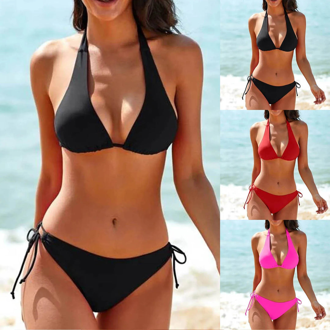 Women's Classic Halter Bikini Set in black, perfect for beachwear & poolside style. Timeless, flattering two-piece swimsuit.