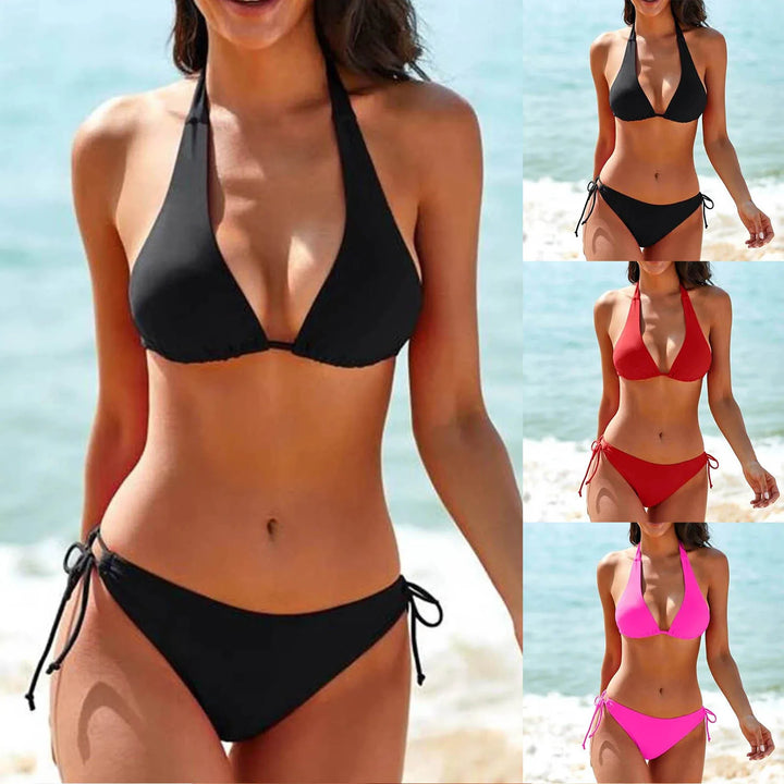 Women's Classic Halter Bikini Set in black, perfect for beachwear & poolside style. Timeless, flattering two-piece swimsuit.
