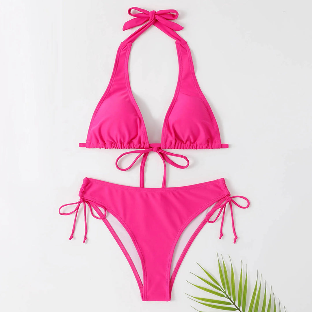 Red Women's Halter Bikini Set, a classic two-piece swimsuit for summer fashion. Adjustable, flattering fit beachwear.