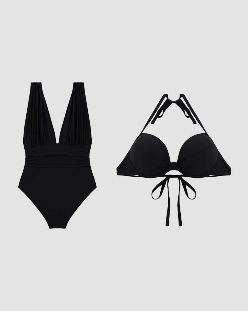 Chic green deep V-neck women's shaping swimsuit, flattering halter beachwear for summer fashion.