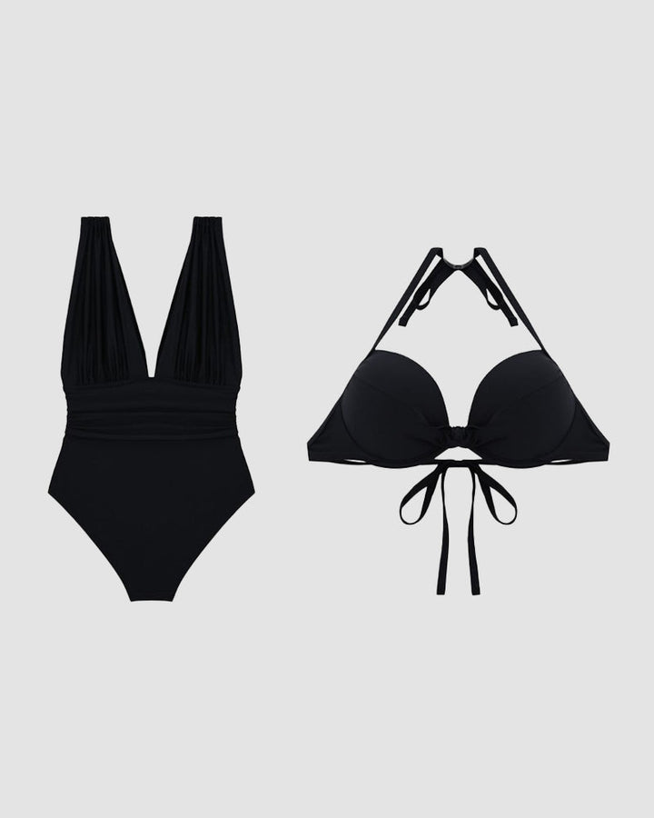 Chic green deep V-neck women's shaping swimsuit, flattering halter beachwear for summer fashion.