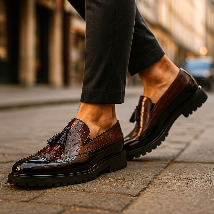 Stylish men's fashion loafers with a unique croc-embossed pattern and sophisticated tassel accents.