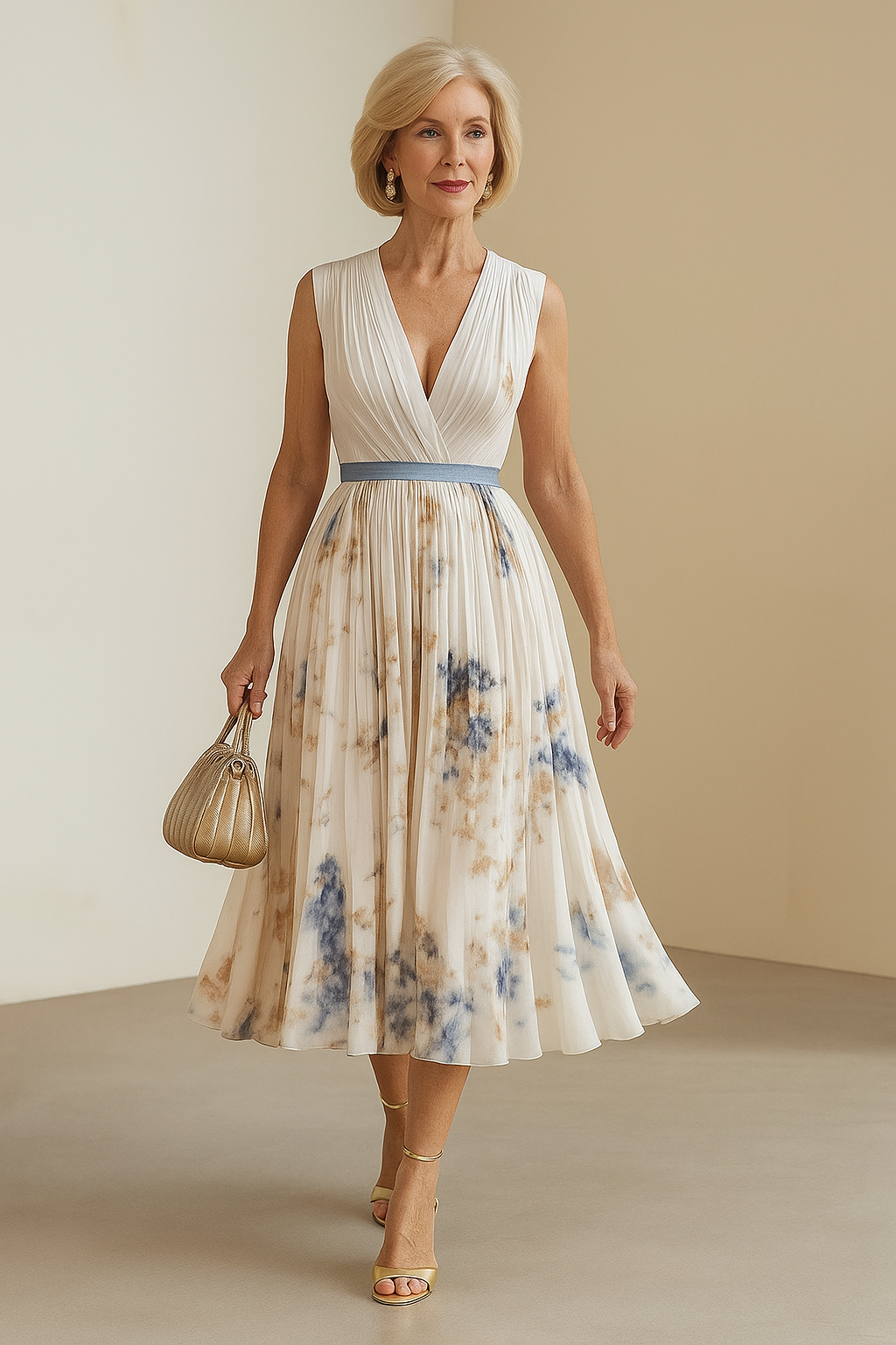Women's elegant V-neck sleeveless midi dress. Flowy summer design, perfect for special occasions.