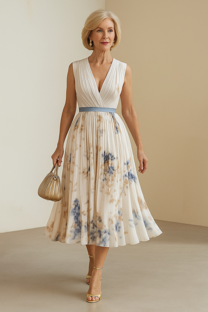 Women's elegant V-neck sleeveless midi dress. Flowy summer design, perfect for special occasions.