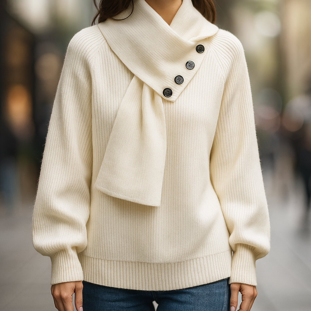 Draped scarf-neck women's sweater in a cozy, elegant knit. A stylish long-sleeve top for winter fashion.