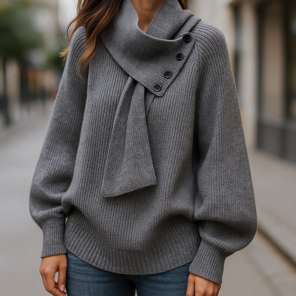 Elegant women's comfort wear sweater with a beautiful scarf-neck. Long-sleeve design for winter style.