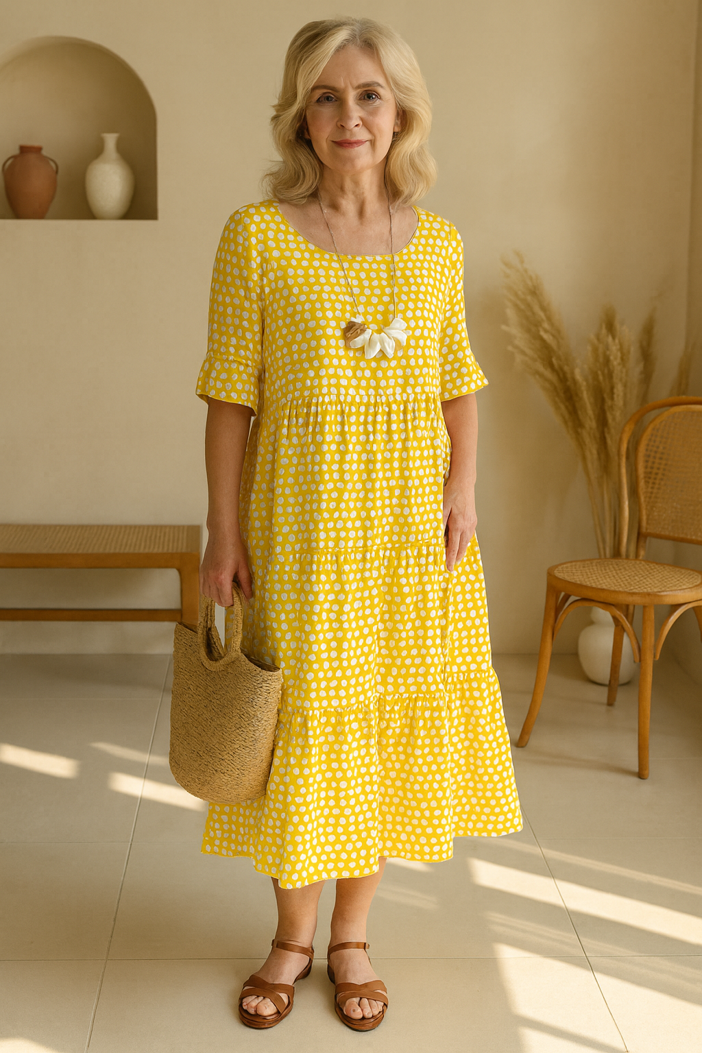 Stylish women's yellow short-sleeve midi dress. Relaxed fit for effortless summer elegance.