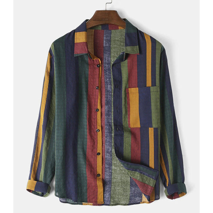 Men's modern fit green striped long-sleeve casual shirt. Perfect for everyday wear & men's fashion.