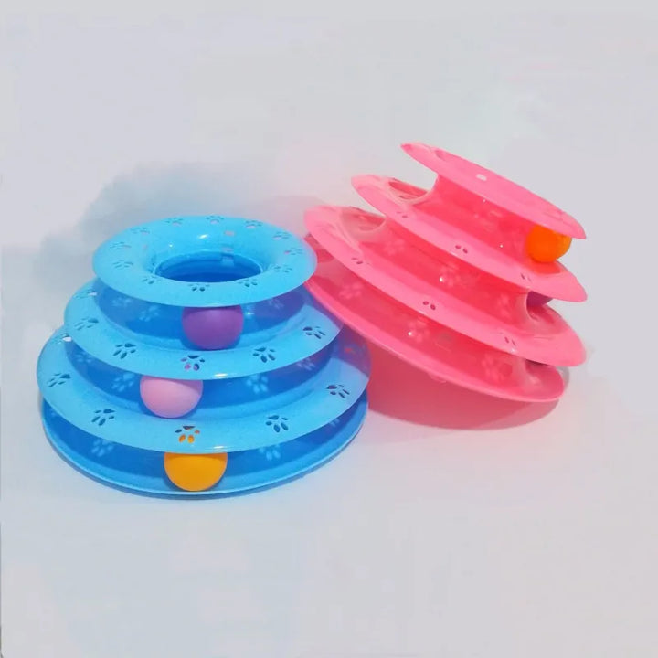 Interactive 3-tier cat play pyramid toy with colorful blue, orange, & pink rolling balls for feline fun.