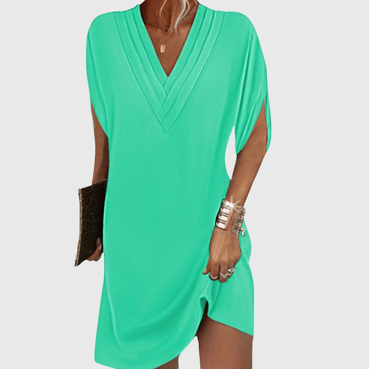 Comfortable women's elegant V-neck midi dress with tummy control design. Flattering fit for summer casual or special events.