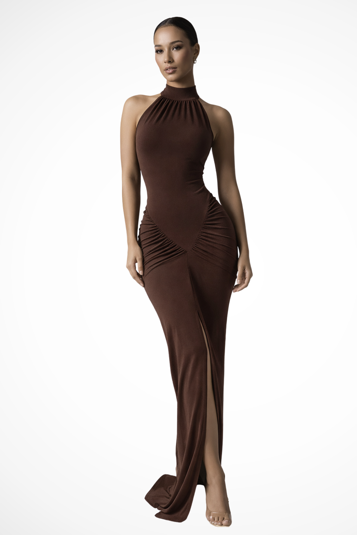 Sleek women's bodycon maxi dress, a ruched halter neck design with a graceful slit for elegance.