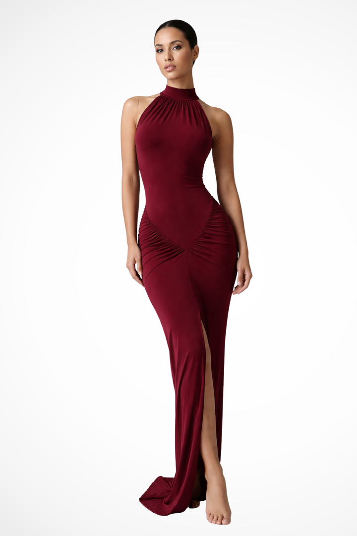 Formal women's long dress, a halter neck ruched maxi with a sophisticated slit for parties & events.