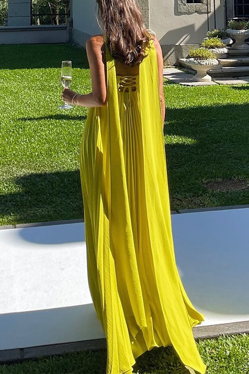 Women's summer yellow off-shoulder maxi dress featuring elegant lacing bodice and a gracefully pleated flowy skirt.