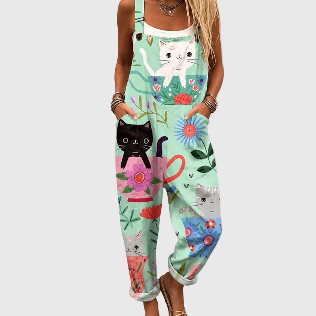 Women's comfortable cat & flower print jumpsuit, ideal for casual summer & spring wear with a relaxed fit.