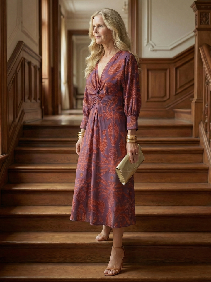 Women's natural wrap midi dress with long sleeves, flowy, casual elegant style, comfortable.