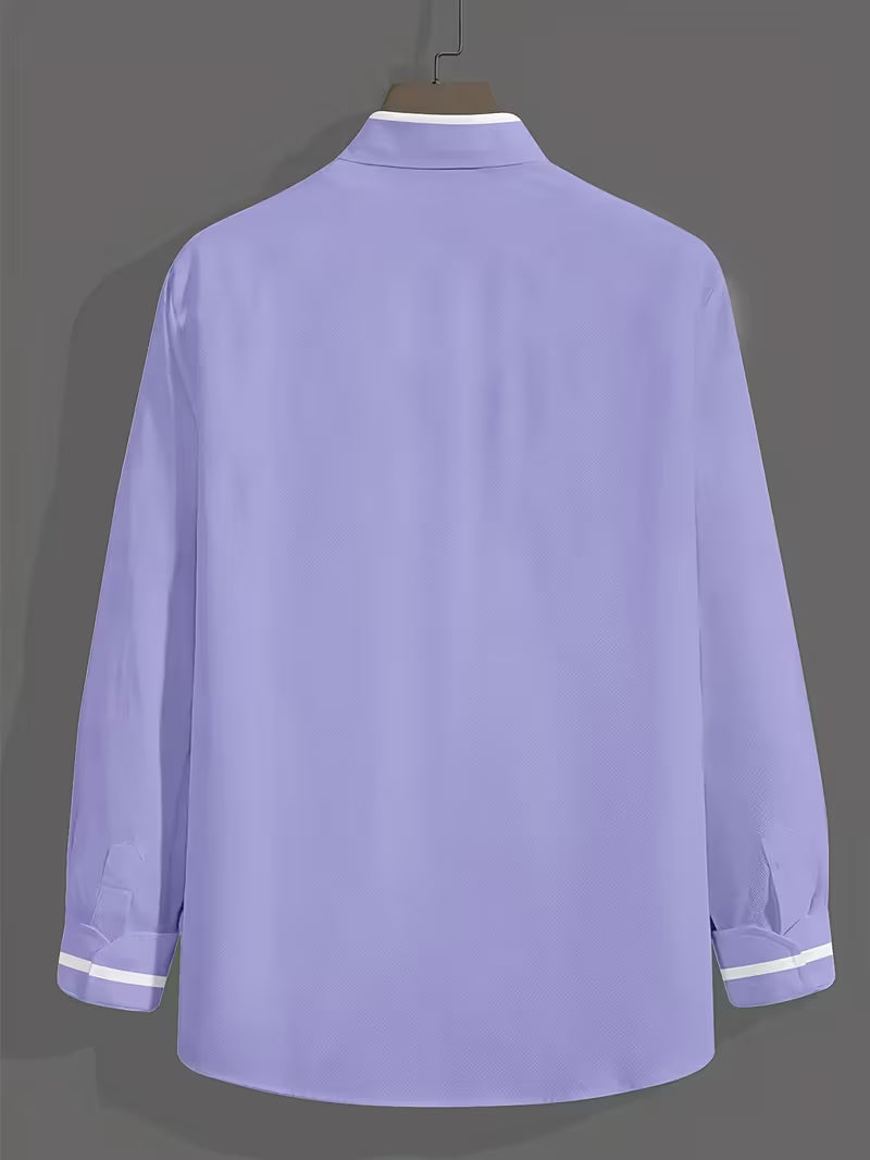 Stylish slim fit men's shirt with Grandad collar & long sleeves. Features a chic contrast trim chest pocket.