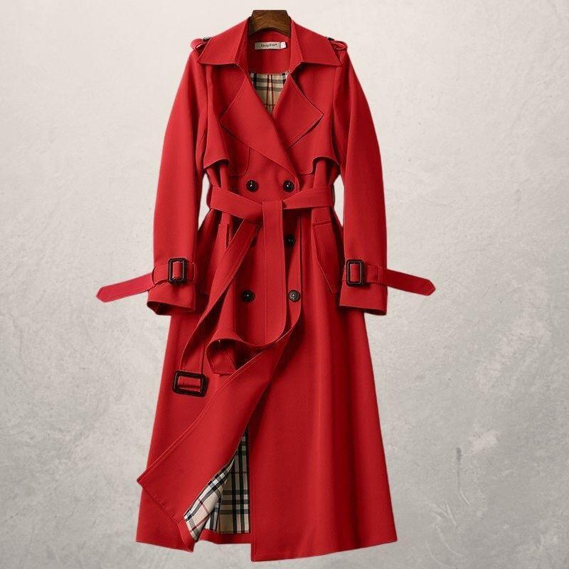 Professional women's double-breasted trench coat. Long, classic belted design for everyday elegance.
