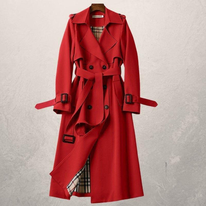 Professional women's double-breasted trench coat. Long, classic belted design for everyday elegance.