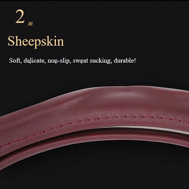 Stylish PU leather steering wheel cover with non-slip design for enhanced grip, comfort, & car interior styling.