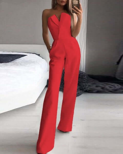 Women's Strapless Wide-Leg Jumpsuit with Pockets